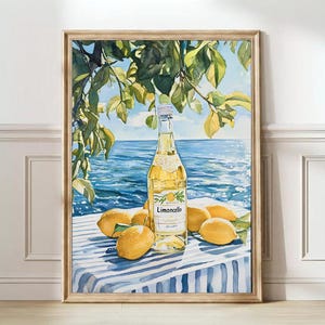 May include: A watercolour painting of a bottle of Limoncello liqueur on a blue and white striped tablecloth with lemons. The bottle is clear and has a yellow label with the word "Limoncello" on it. The painting is set against a backdrop of a blue sea and a green lemon tree.