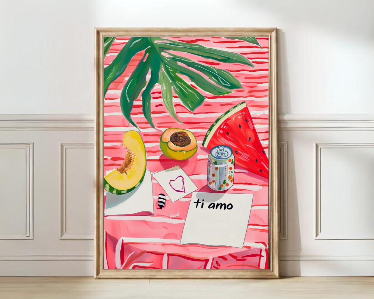 Pink Picnic Print Fruit Painting Colorful Kitchen Print Eclectic Print Breakfast Print Melon Print Peach Print Botanical Print Floral Print