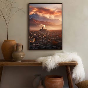 May include: A panoramic view of a city nestled in a valley, with a mountain range in the background. The sky is a vibrant orange and pink, with clouds casting long shadows over the city. The city is illuminated by the setting sun, creating a warm and inviting atmosphere.