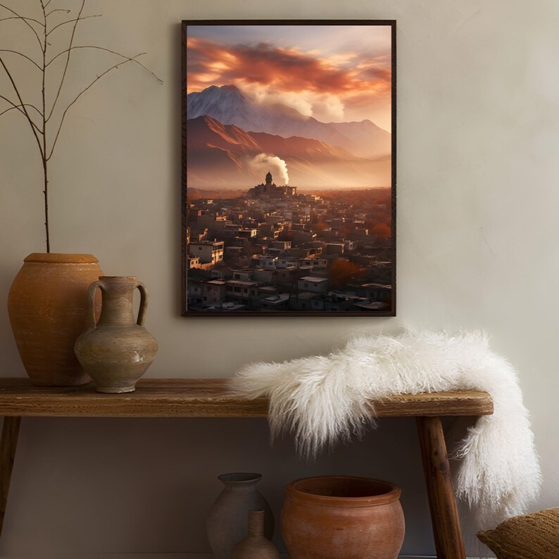 May include: A panoramic view of a city nestled in a valley, with a mountain range in the background. The sky is a vibrant orange and pink, with clouds casting long shadows over the city. The city is illuminated by the setting sun, creating a warm and inviting atmosphere.