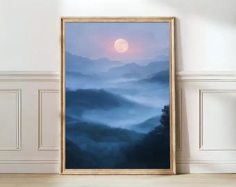 Bergen print heuvels print blauwe muur kunst natuur print pastel zonsondergang print minimalistische print serene print | DIGITALE DOWNLOAD