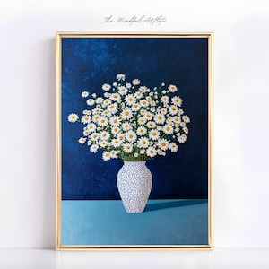 Estampado de florero azul Estampado de manzanilla Estampado de margaritas Estampado de margaritas en jarrón punteado Pintura de margaritas Arte floral blanco Arte contemporáneo Índigo / descarga digital