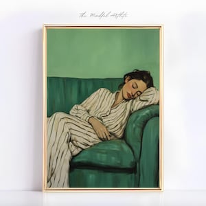 Smaragdgrün Abstrakte Menschen Kunst Schlafende Frau Porträt Gestreifte Kunst Frau auf Couch Gemälde Minimalistische Frau Kunst Schlafzimmer Druck | digital
