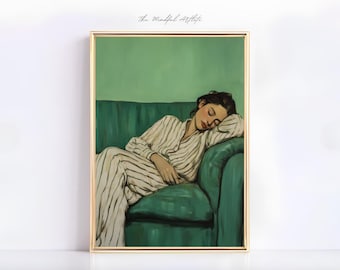 Arte abstrata verde esmeralda, pessoas, mulher dormindo, retrato, arte listrada, mulher no sofá, pintura, mulher minimalista, arte, quarto, impressão | digital