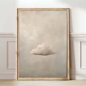 May include: A framed painting depicting a solitary white cloud against a pale grey sky.
