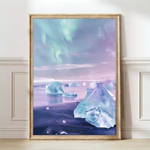 Iceland Print Iceland Illustration Iceland Painting Aurora Borealis Print Northern Lights Print Diamond Beach Print Iceland Gift | DOWNLOAD
