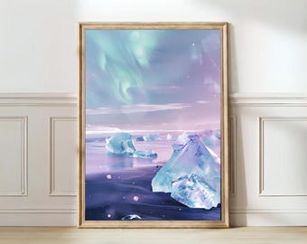 Iceland Print Iceland Illustration Iceland Painting Aurora Borealis Print Northern Lights Print Diamond Beach Print Iceland Gift | DOWNLOAD
