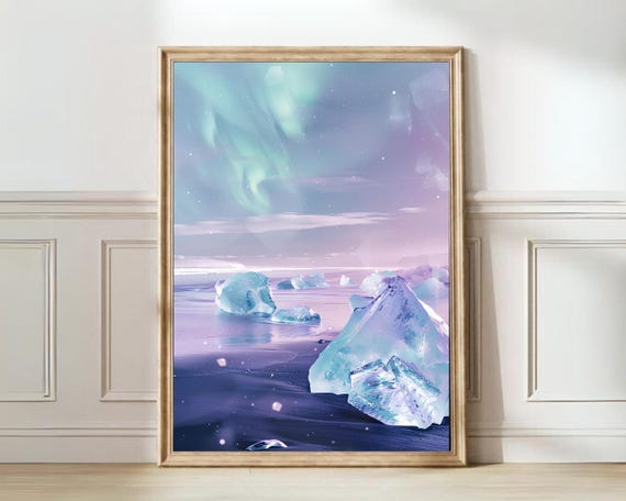 Iceland Print Iceland Illustration Iceland Painting Aurora Borealis Print Northern Lights Print Diamond Beach Print Iceland Gift | DOWNLOAD