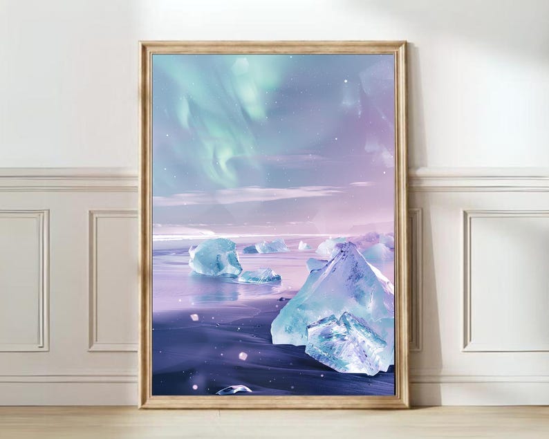 Iceland Print Iceland Illustration Iceland Painting Aurora Borealis Print Northern Lights Print Diamond Beach Print Iceland Gift | DOWNLOAD