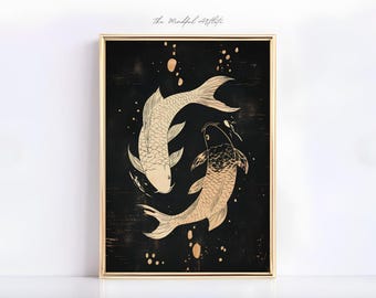 Koi Print Vintage Golden Koi Poster Woodcut Print Retro Fish Print Black Beige Kitchen Print Retro Linocut Print | digital download