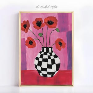 Flower Vase Print Red Poppies Striped Art Print Pink Color Block Print Checkered Vase Print Eclectic Contemporary Art | digital download