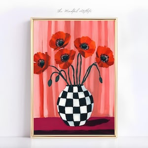 Flower Vase Print Red Flowers Striped Art Print Poppies Print Checkered Vase Print Eclectic Botanical Contemporary Art | digital download