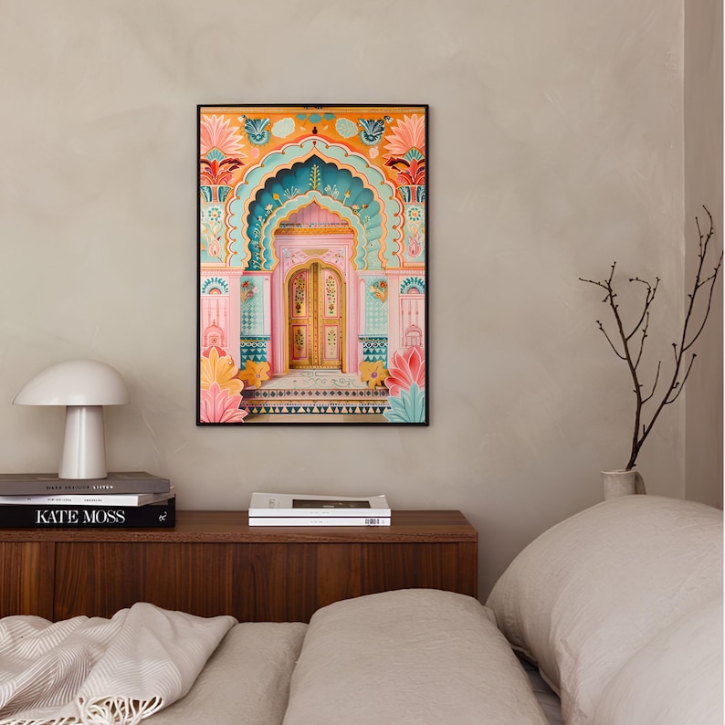 May include: A framed print of a colorful, ornate doorway with a pink archway and a teal and gold door. The doorway is decorated with intricate floral designs and geometric patterns.
