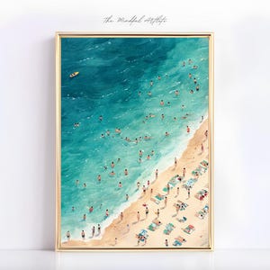 Beschäftigt Strand druckbare Ozean Schwimmen Druck Luftbild Strand Illustration Strand Druck Küsten Sommer Wand Kunst Strand Haus Dekor kleine Leute Druck