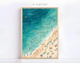 Impression de plage animée, natation dans l'océan, impression d'illustration aérienne de plage, impression de plage, art mural d'été côtier, décoration de maison de plage, impression de petites personnes