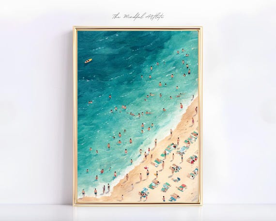 Busy Beach Printable Ocean Swimming Print Aerial Beach Illustration Beach Print Coastal Summer Wall Art Beach House Decor Tiny People Print
