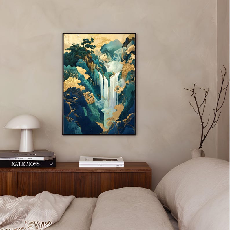 May include: A framed abstract painting of a waterfall cascading down a mountainside. The painting features shades of blue, green, and gold, creating a sense of depth and movement.