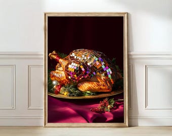 May include: A roasted turkey covered in a colorful mosaic of mirrored tiles, surrounded by greenery and red berries, on a gold platter. The turkey is on a red tablecloth with a dark background.