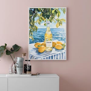 May include: A watercolor painting of a bottle of Limoncello liqueur on a blue and white striped tablecloth with lemons around it. The bottle is in focus and the background is a blurry image of a blue ocean and green leaves.