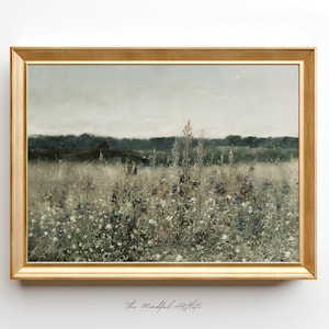 Colorful Vintage Landscape Painting Spring Art Floral Meadow Wildflower Field Pastel Floral Print Cottage Art Horizontal Art