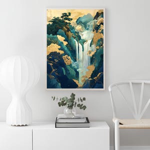 May include: Abstract painting of a waterfall cascading down a mountainside with gold and blue accents. The painting is framed and hanging on a white wall.