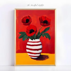 Flower Vase Art Print Red Poppies Striped Art Print Eclectic Floral Print Striped Vase Botanical Contemporary Art Red | digital download