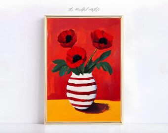 赤い花瓶のアートプリント：ストライプのミニマリストイラスト