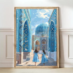May include: Two people in blue dresses walk through a blue and white tiled archway towards a mosque with a blue dome. The mosque is decorated with intricate tile work.