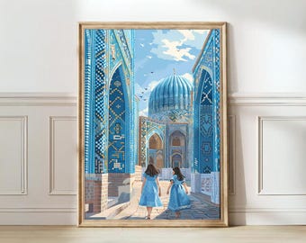 May include: Two people in blue dresses walk through a blue and white tiled archway towards a mosque with a blue dome. The mosque is decorated with intricate tile work.