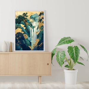 May include: A framed print of a waterfall cascading down a mountainside with lush green foliage and gold accents. The print is displayed on a wooden shelf with a potted plant.