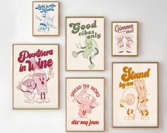 Retro Kitchen Print Set Groovy Kitchen Wall Art Funky Kitchen Poster 80s Kitchen Decor Coffee Print Beverage Print Bar Decor | Set of 6