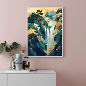 May include: A framed abstract painting of a waterfall cascading down a mountainside. The painting features a blue and green color scheme with gold accents.