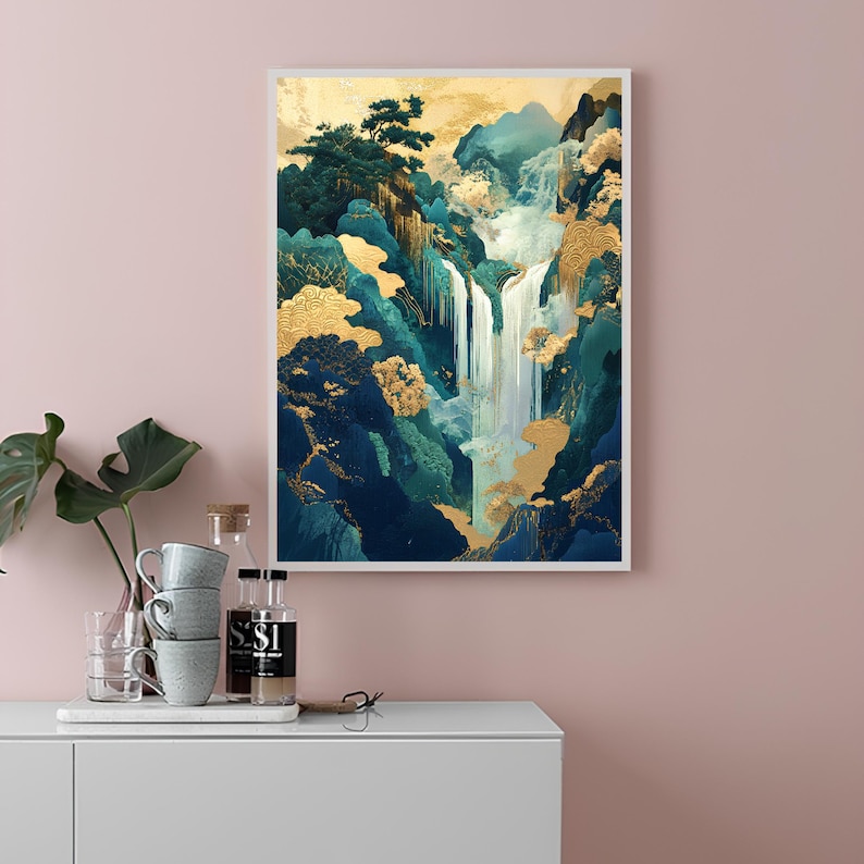 May include: A framed abstract painting of a waterfall cascading down a mountainside. The painting features a blue and green color scheme with gold accents.