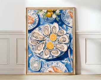 Oyster Print Oyster Painting Oyster Plate Print Seafood Print Sardine Tin Poster Lobster Blue Kitchen Print Kitchen Wall Art Coastal Print