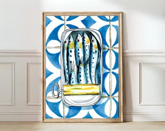 Impresión de sardinas, lata de sardinas, póster vintage, arte de pared retro de sardinas, impresión de peces, arte de pared ecléctico, arte de cocina colorido, póster maximalista