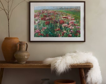ヴィンテージの草原の絵画 ヴィンテージの風景画 赤い花畑の絵画