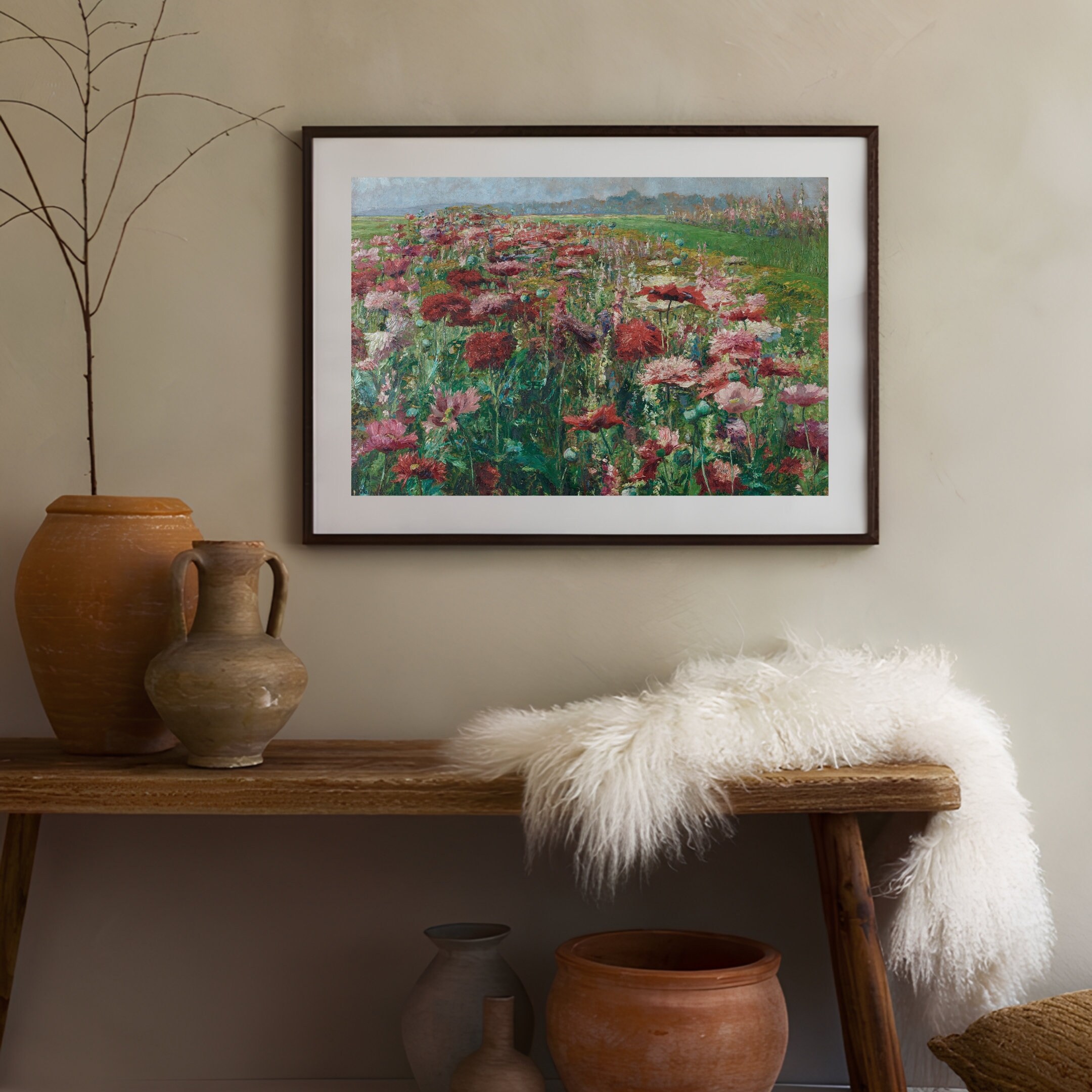ヴィンテージの草原の絵画 ヴィンテージの風景画 赤い花畑の絵画