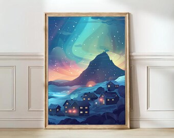 Island Druck Island Illustration Island Reise-Poster Island Malerei Aurora Borealis Druck Nordlichter Druck Island Geschenk