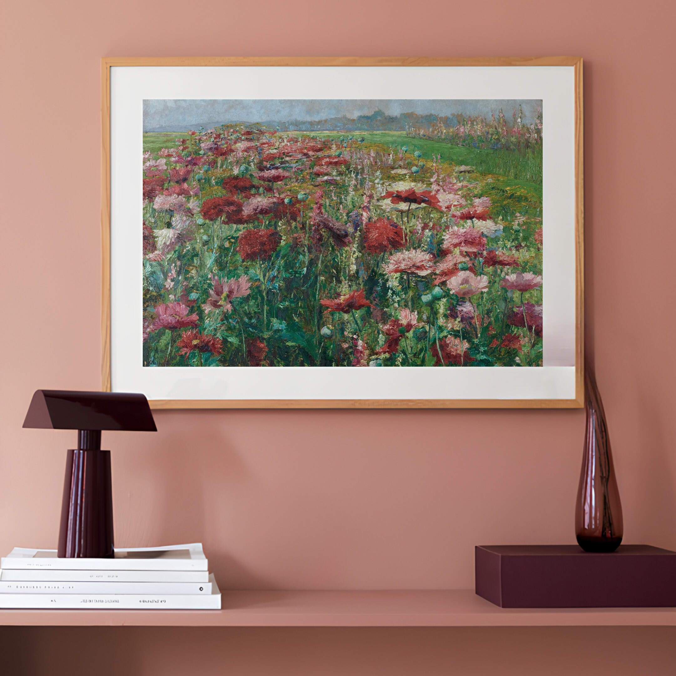 ヴィンテージの草原の絵画 ヴィンテージの風景画 赤い花畑の絵画