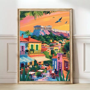 May include: A colorful illustration of a cityscape with a cafe in the foreground. The cafe has tables and chairs with people sitting at them. The cityscape is in the background with a view of the Acropolis. The sky is a vibrant orange and pink.