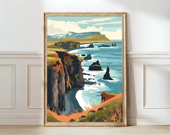May include: A colourful illustration of a rocky coastline with a blue ocean and a mountain range in the background. The scene is painted in a retro style with bold colours and simple shapes.