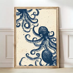 Octopus Print Linocut Vintage Poster Retro Octopus Wall Art Fish Print Octopus Ink Print Eclectic Wall Art Colorful Kitchen Print Nursery