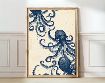 Octopus Print Linocut Vintage Poster Retro Octopus Wall Art Fish Print Octopus Ink Print Eclectic Wall Art Colorful Kitchen Print Nursery