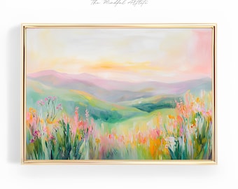 Bunte abstrakte Landschaft Malerei Frühling Wildblumen Feld Helle Pastell Sommer Wand Kunst Helle Pinselstriche