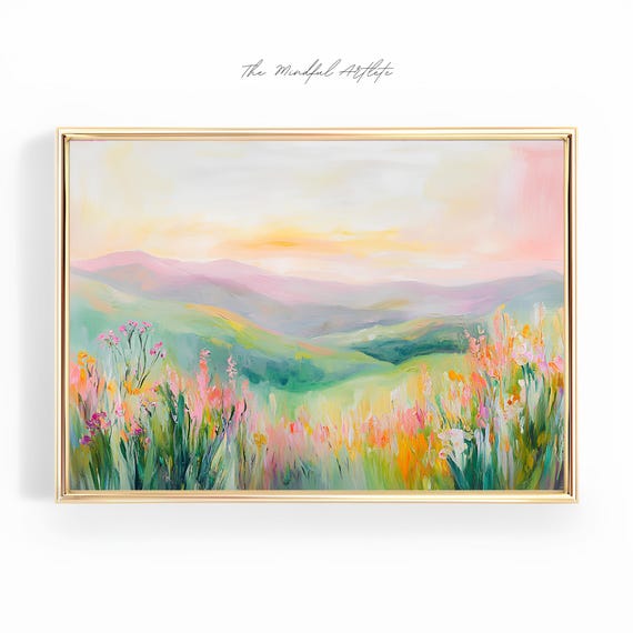 背景絵画 絵画 花畑 空 カラフルな抽象的な風景画 水平方向の春の