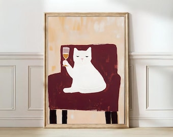 Impresión de gato champán Póster de gato enojado Pintura de gato Matisse Impresión de Año Nuevo Decoración de Año Nuevo Arte de pared rojo Impresión burdeos Impresión de invierno