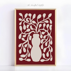 Red Abstract Botanical Print Red Mid Century Print Red Floral Print Contemporary Wall Art Flower Vase Print | digital download