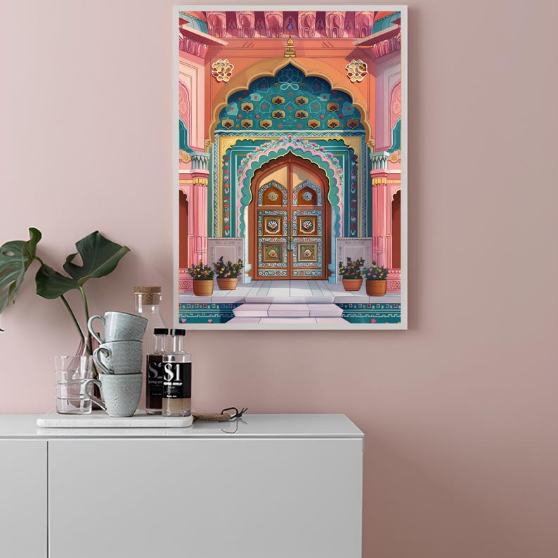 Peut inclure: Une illustration encadr&eacute;e d'une porte orn&eacute;e et color&eacute;e avec des d&eacute;tails complexes. La porte est en bois et pr&eacute;sente un motif sculpt&eacute;. La porte est sur un fond rose.