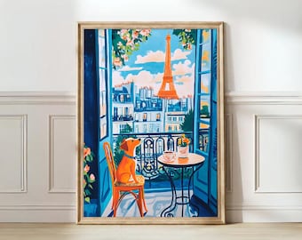 May include: A painting of a dog sitting on a chair looking out a window at the Eiffel Tower. The window is open and there is a table with two cups of coffee on it. The painting is done in a bright, colorful style.