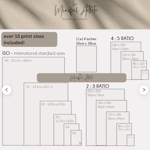 May include: A chart showing over 15 different print sizes for digital art prints. The chart includes international standard sizes like A0, A1, A2, A3, A4, and A5, as well as 4:5 and 2:3 ratios. The sizes are listed in both inches and centimeters.